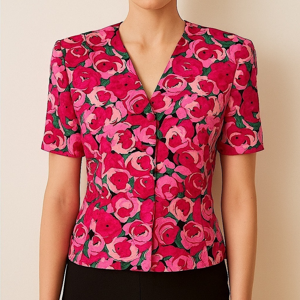 Vintage 100% Silk Pink Floral Blouse Button-Up Shirt Padded Shoulder Cottagecore - Picture 14 of 14